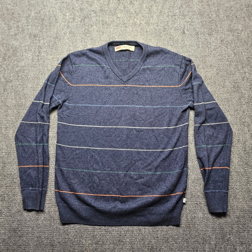 Levis Mens Slim Fit V-Neck Sweater Blue Striped Wool Blend L S37173-472 F2